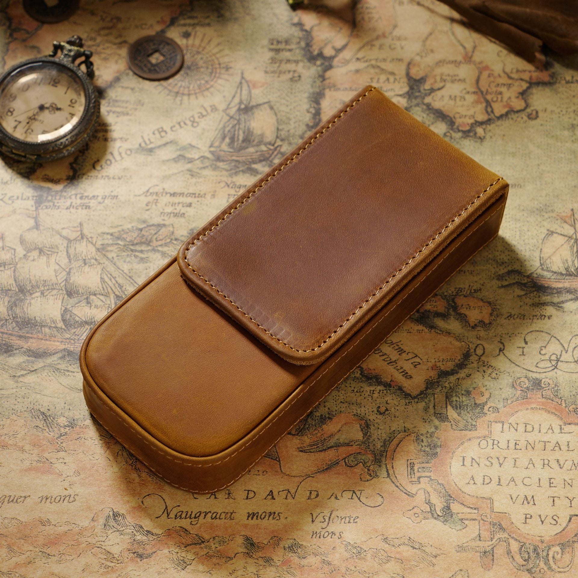 Wholesale Crazy Horse Leather 3-Pack Handmade Magnetic Drawer Pen Bag